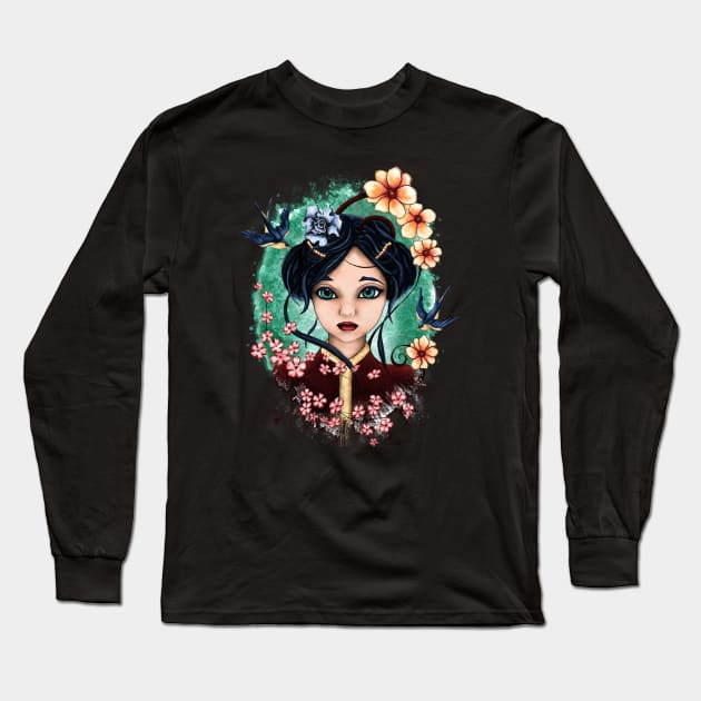 Bright geisha girl portrait, spring illustration Long Sleeve T-Shirt by NadiaChevrel